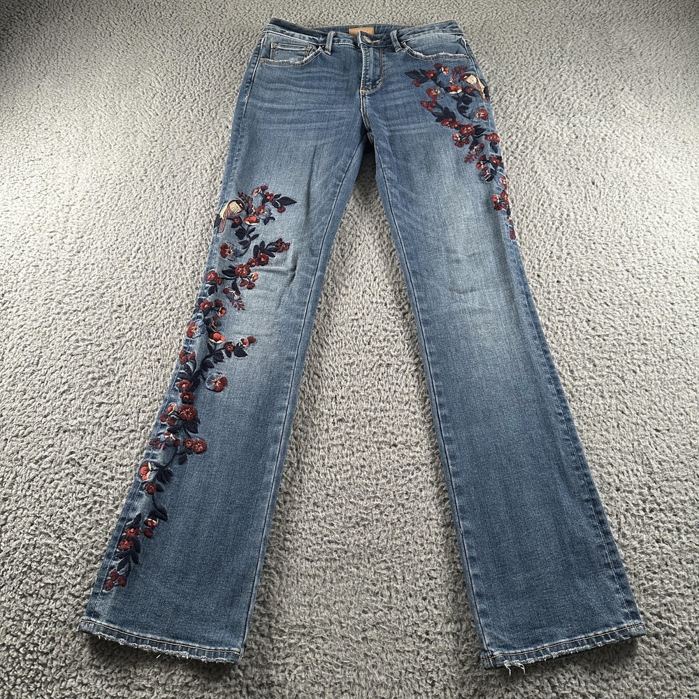 Driftwood Kelly Bootcut Jeans Womens 25x31 Blue Mid Rise Floral Bird Embroidered